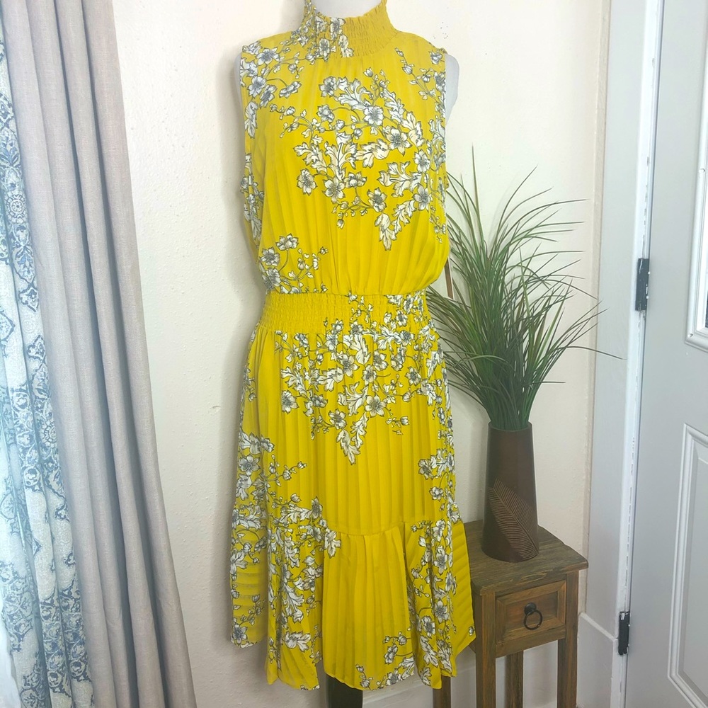 Nanette Lepore Yellow Pleated Midi Dress Mock Neck Sleeveless